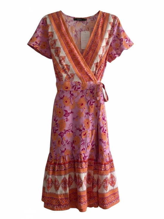 Zesica Dresses & Skirts - Floral Wrap Midi Dress in Pink and Orange